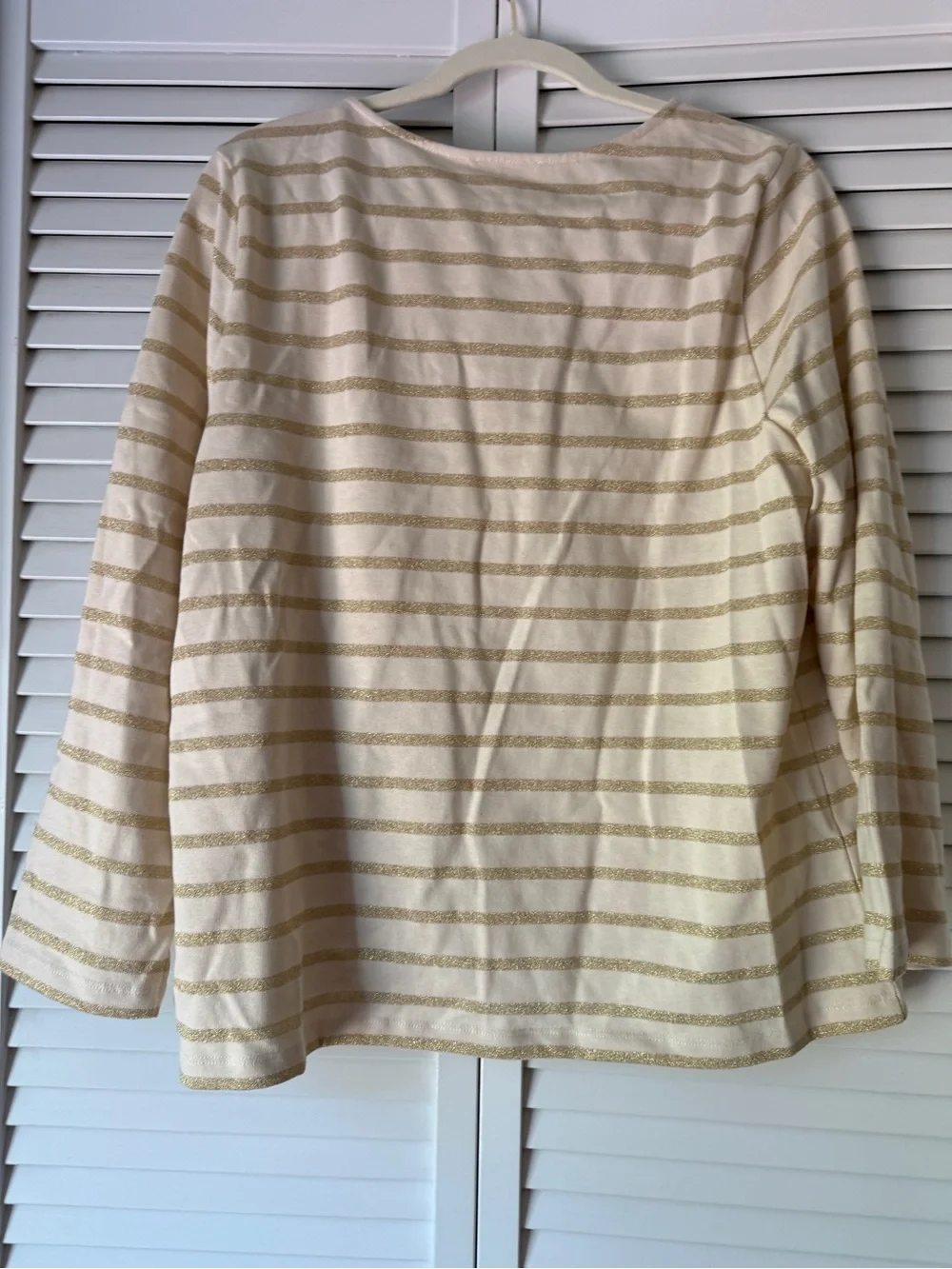 Sezane Cream Striped Long Sleeve Tee with Metallic Gold Accents